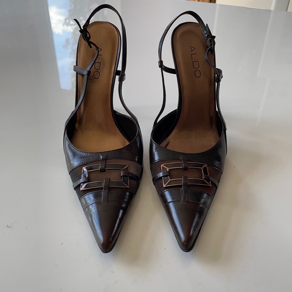 Aldo Size 8 Brown Heels with Copper Buckle